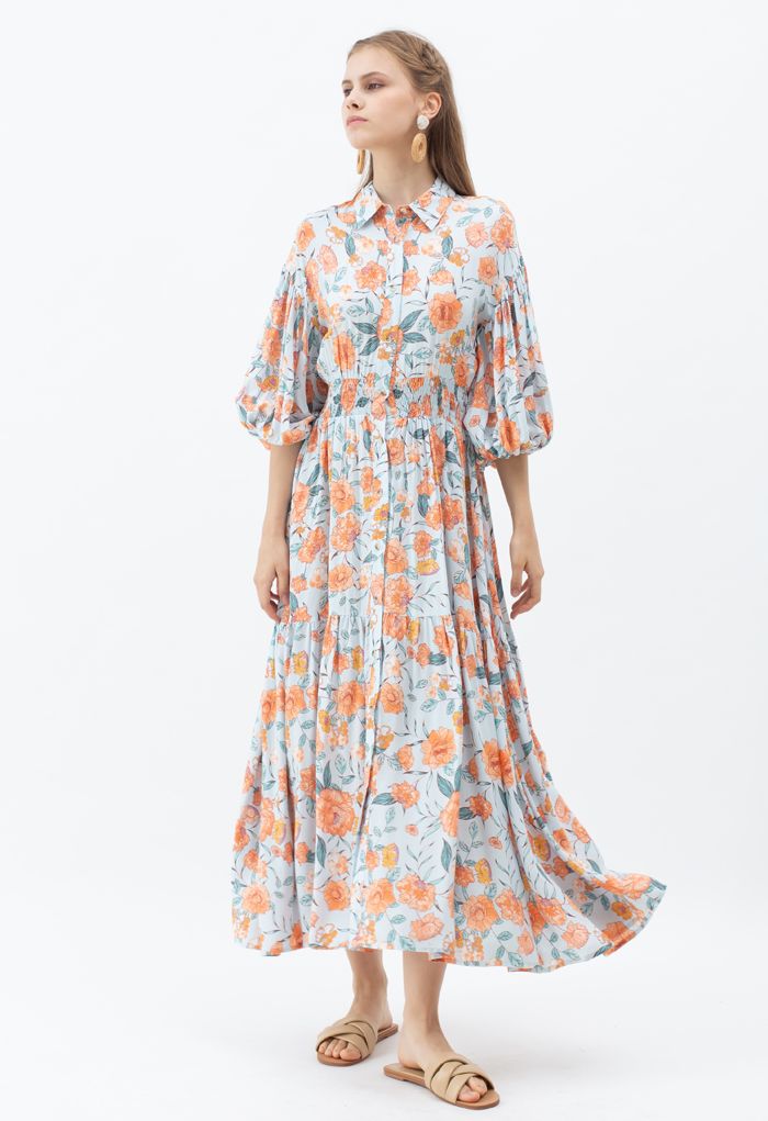 Blossom Moment Bubble Sleeves Button Down Maxi Dress in Light Blue