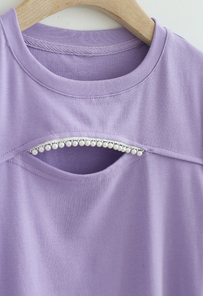 Front Cutout Pearls Fitted T-Shirt in Purple