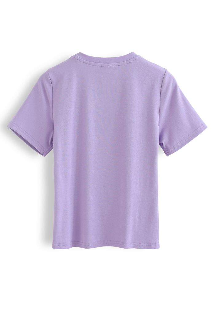 Front Cutout Pearls Fitted T-Shirt in Purple