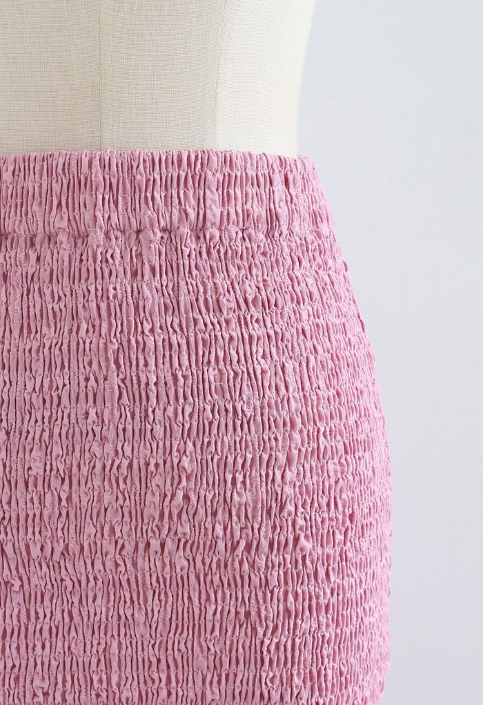 Frill Hem Full Shirring Pencil Skirt in Pink
