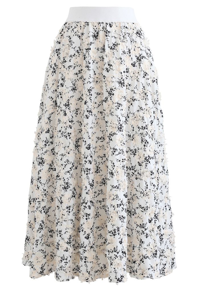 3D Applique Floral Print Midi Skirt in White