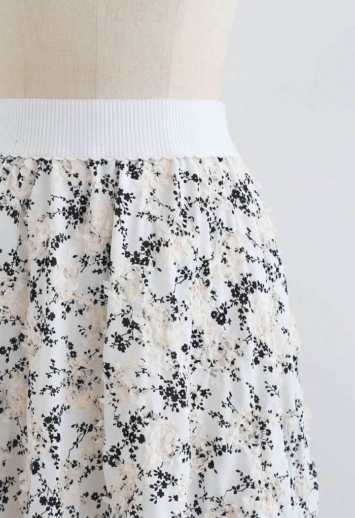 3D Applique Floral Print Midi Skirt in White