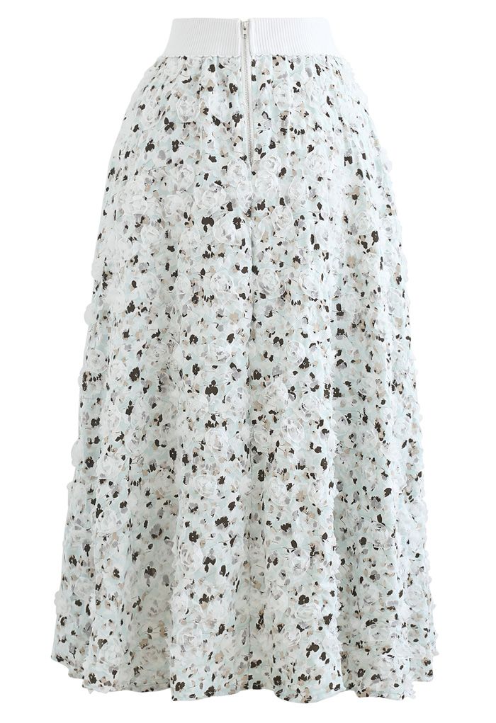 3D Applique Floral Print Midi Skirt in Mint