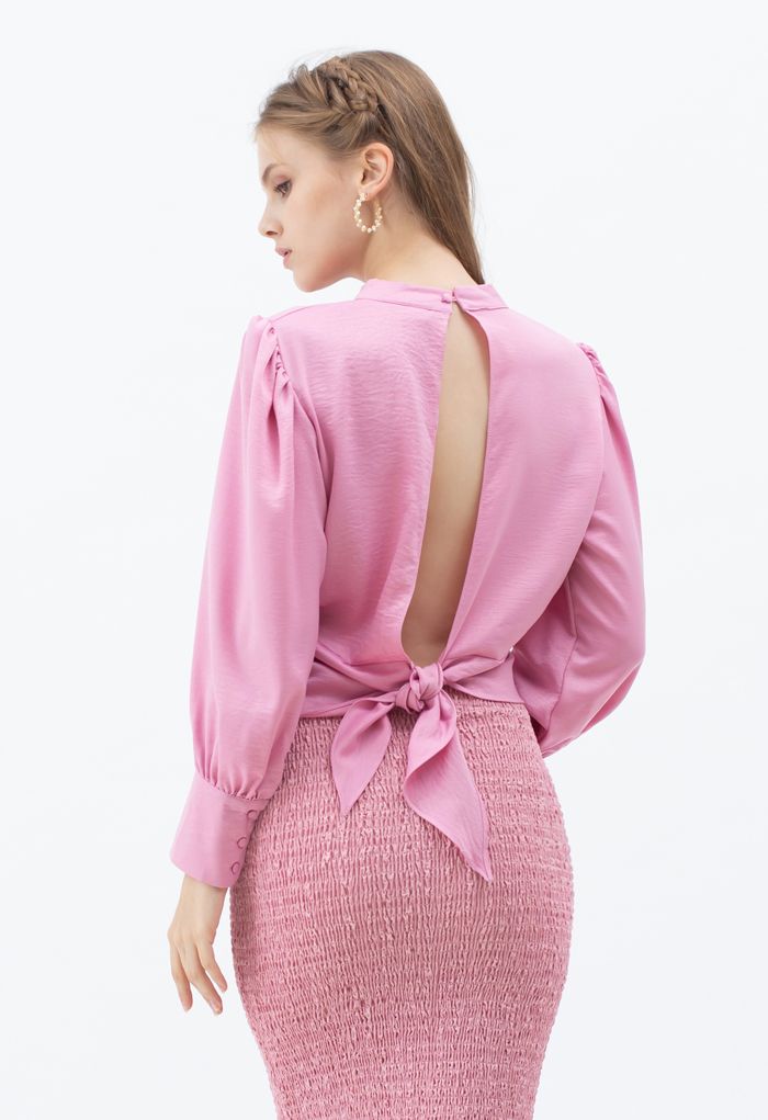 Knotted Waist Open Back Crop Top in Pink