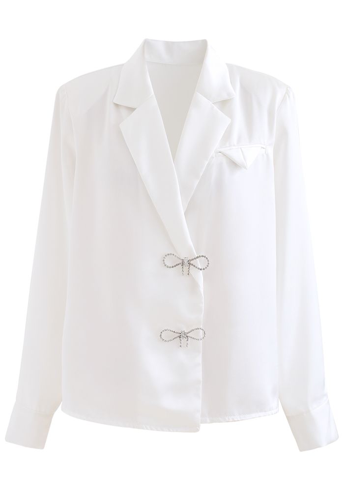Crystal Brooch Padded Shoulder Satin Shirt in White