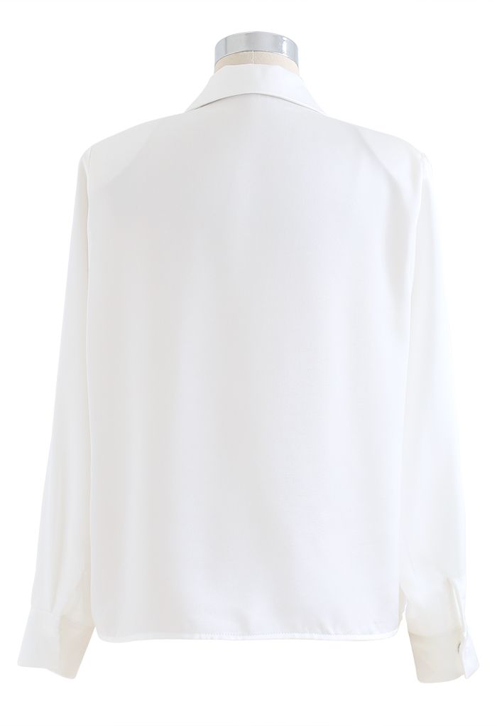 Crystal Brooch Padded Shoulder Satin Shirt in White