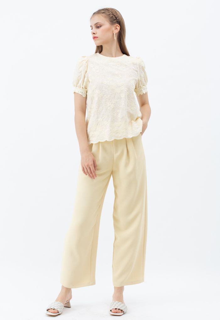 Delicate Floral Embroidered Short-Sleeve Top in Light Yellow