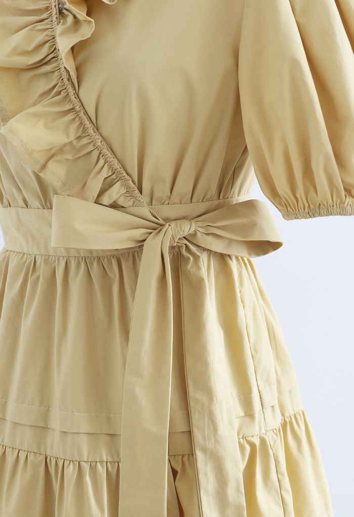 Short Sleeves Wrap Tied Ruffle Dress in Mustard