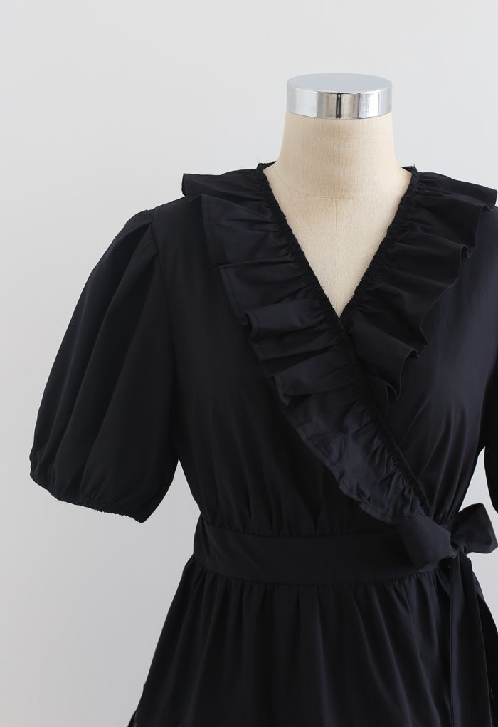 Short Sleeves Wrap Tied Ruffle Dress in Black