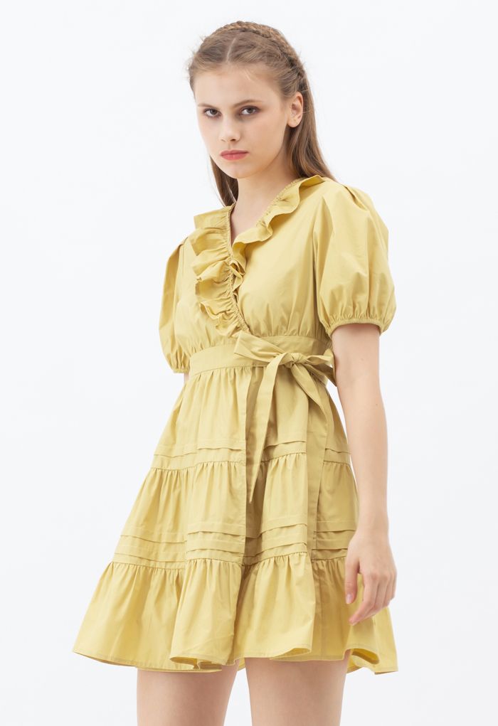 Short Sleeves Wrap Tied Ruffle Dress in Mustard