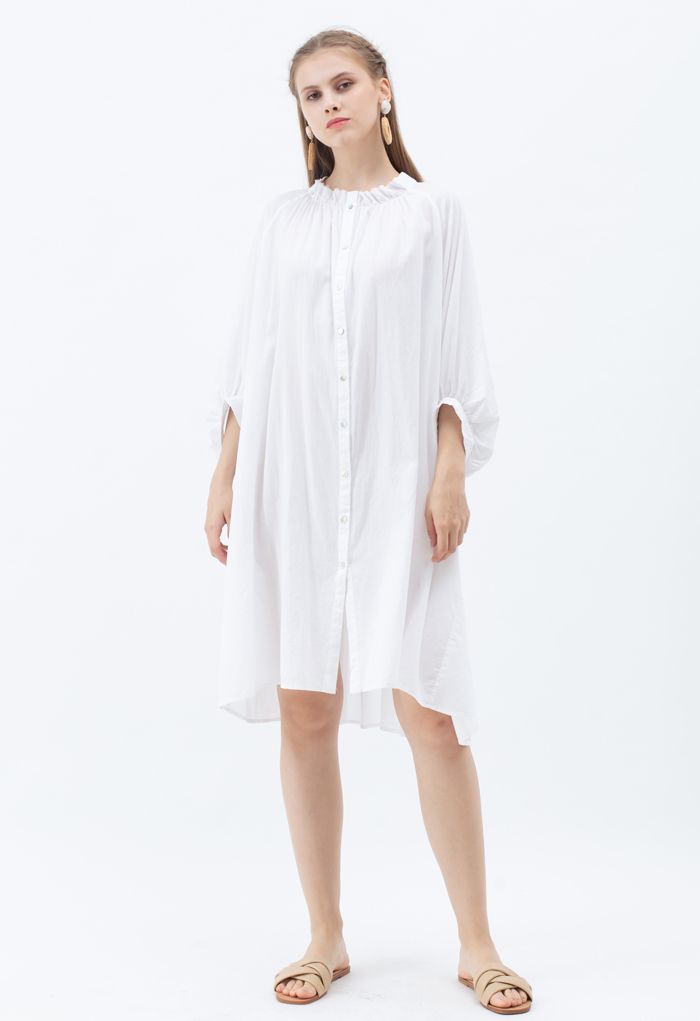 Breezy Bubble Sleeve Longline Shirt Dress in White