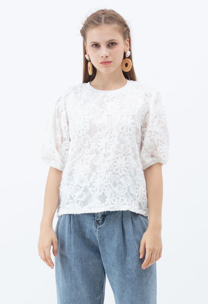 3D Sunflower Lace Top in White