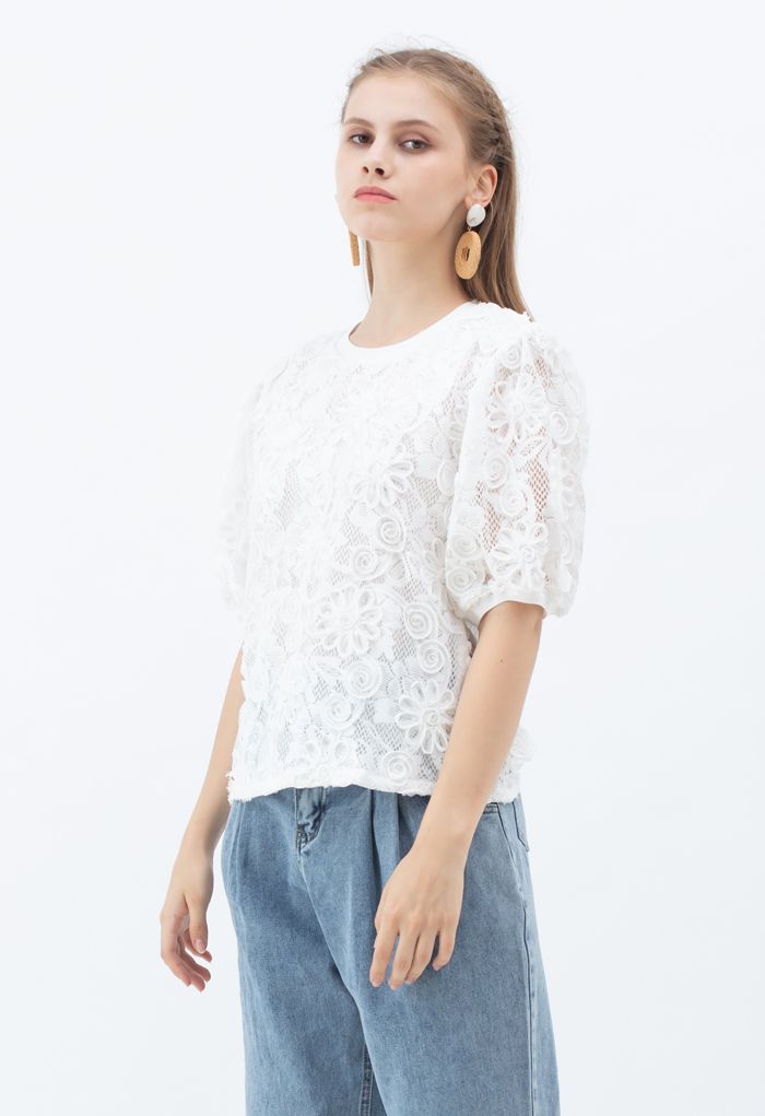 3D Sunflower Lace Top in White