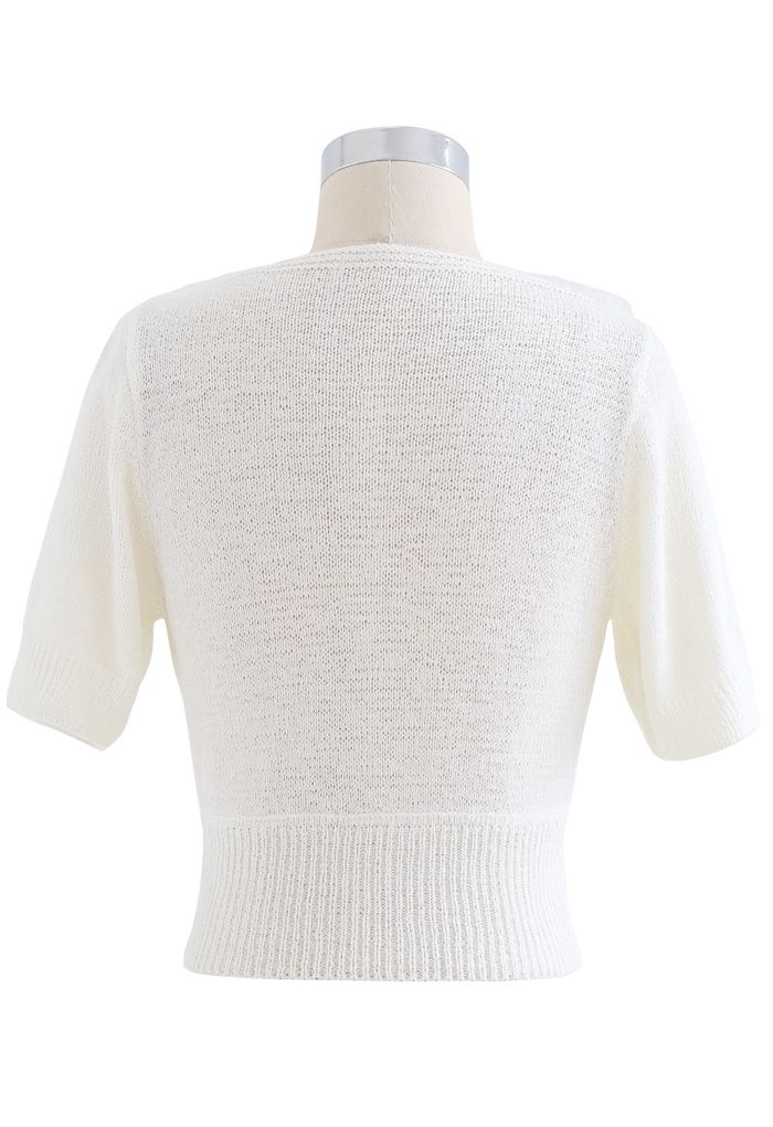 Mesh Overlay Wrap Crop Knit Top in White
