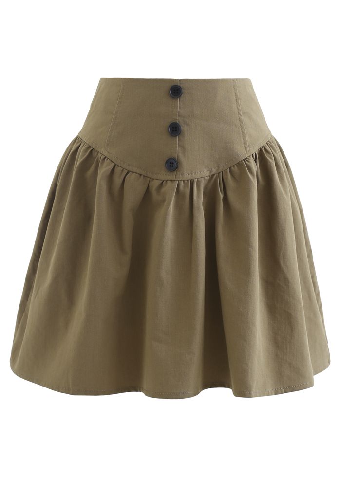 Button Trim High-Waisted Mini Skirt in Khaki