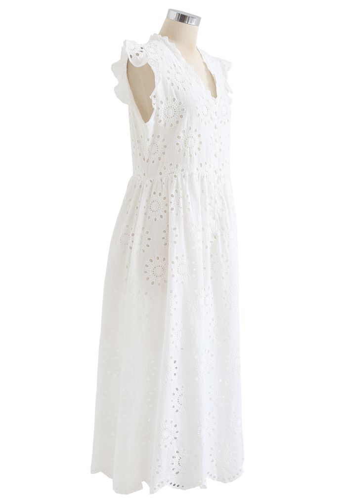 Allover Eyelet Embroidery Buttoned Sleeveless Dress in White