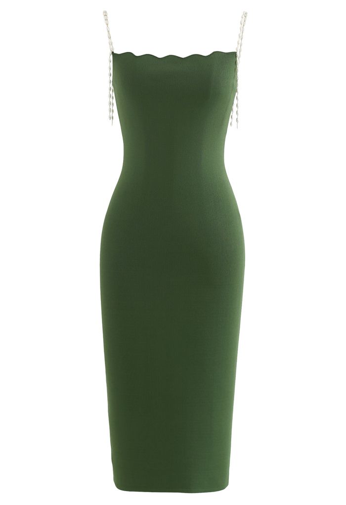 Pearl Straps Bodycon Knit Cami Dress in Green