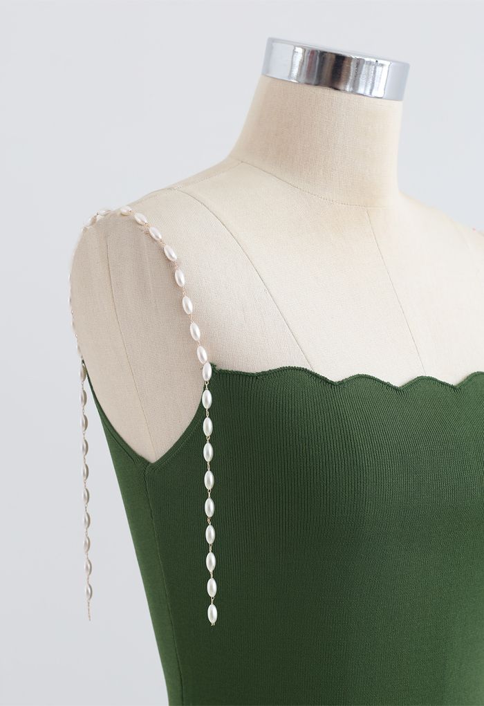 Pearl Straps Bodycon Knit Cami Dress in Green