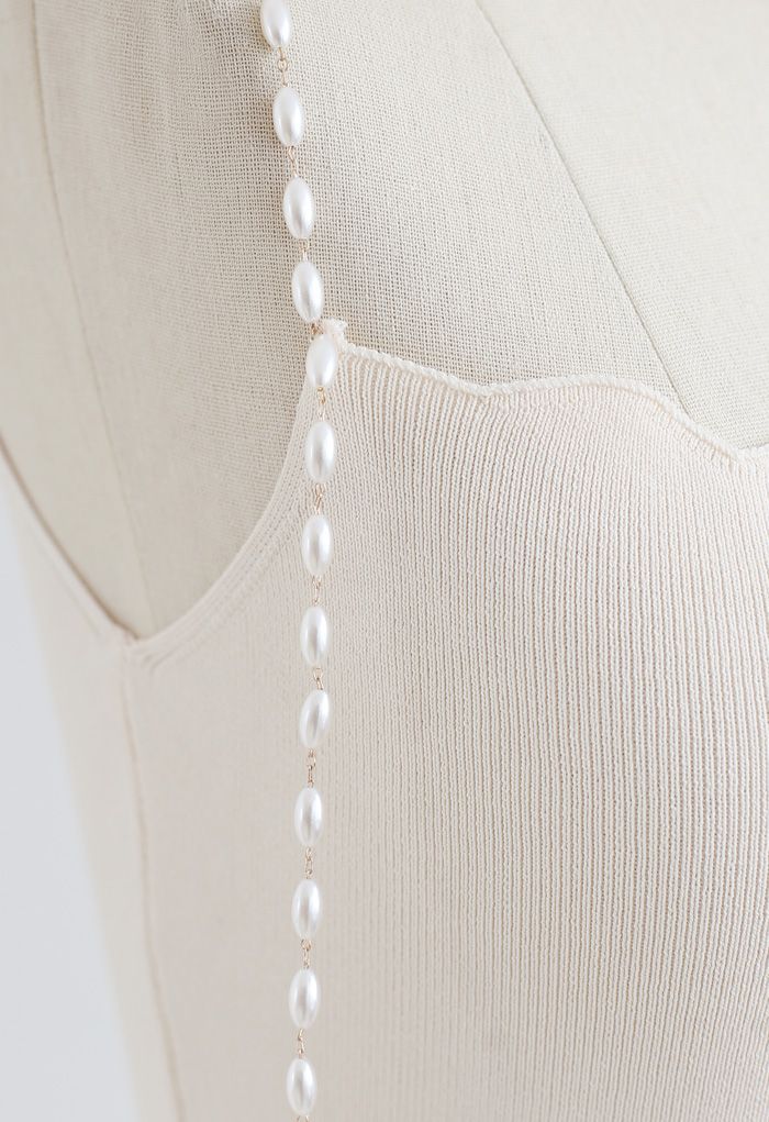 Pearl Straps Bodycon Knit Cami Dress in Cream