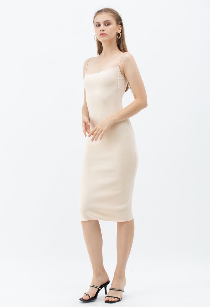 Pearl Straps Bodycon Knit Cami Dress in Cream