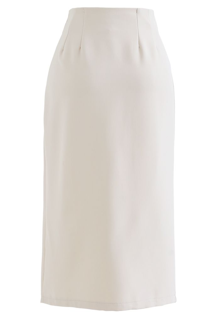 Tie Waist Front Split Pencil Skirt in Cream