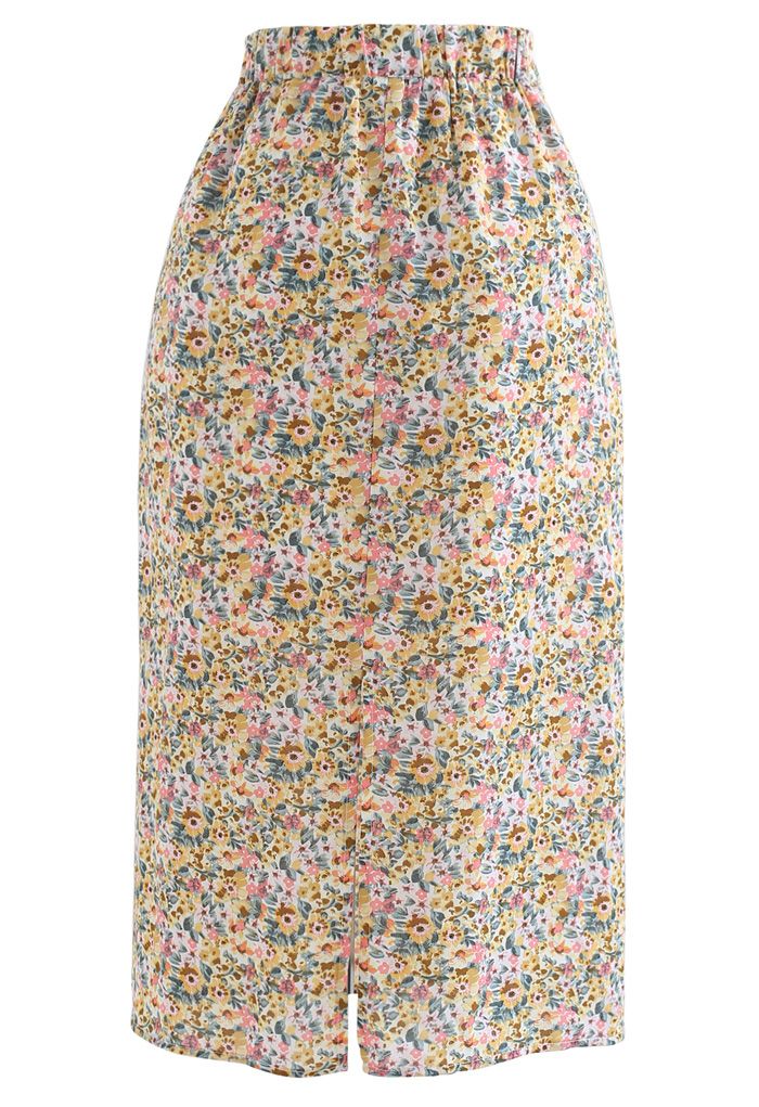 Ditsy Floral Chiffon Pencil Skirt in Yellow