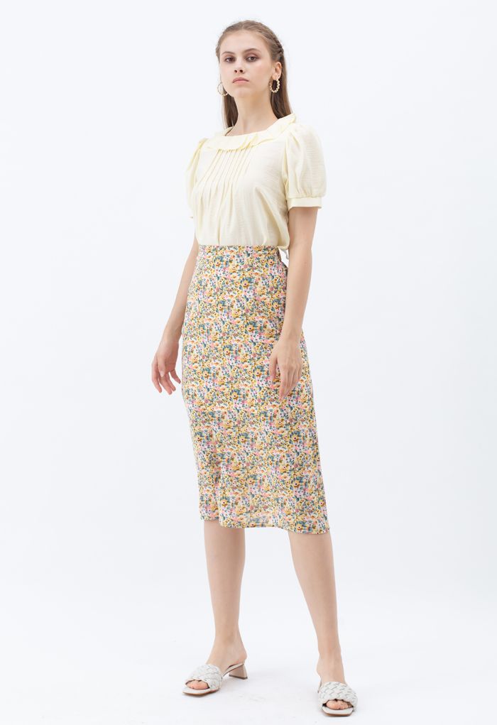 Ditsy Floral Chiffon Pencil Skirt in Yellow