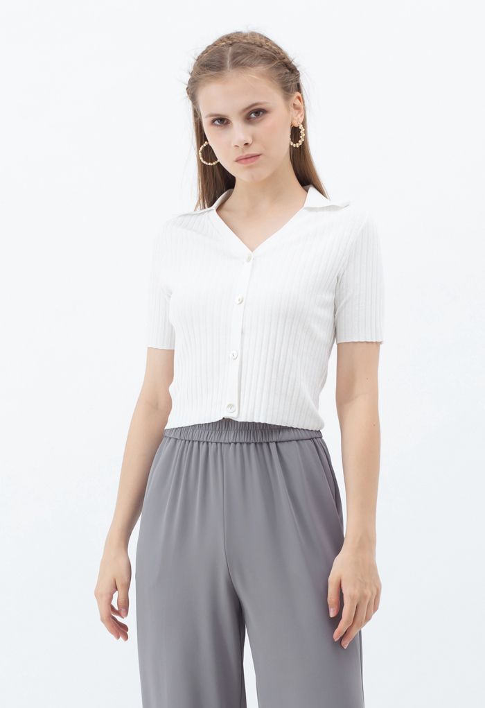 Button Down Collared Crop Top in White