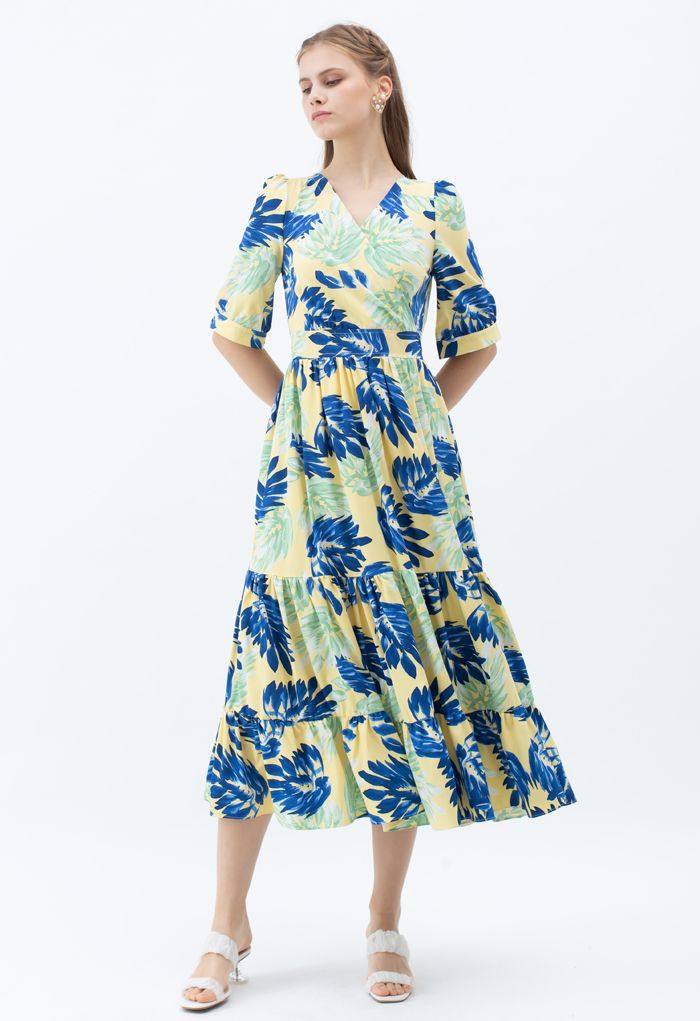 Tropical Leaves Wrapped Frilling Maxi Dress