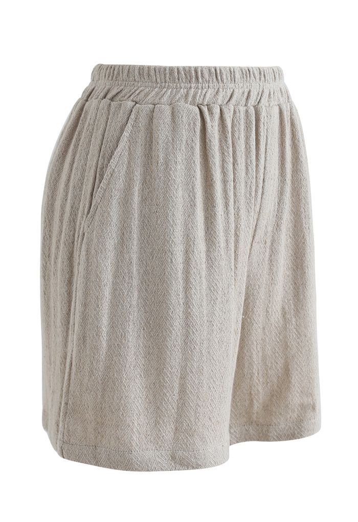 Elastic Waist Pockets Cotton Linen Shorts in Sand