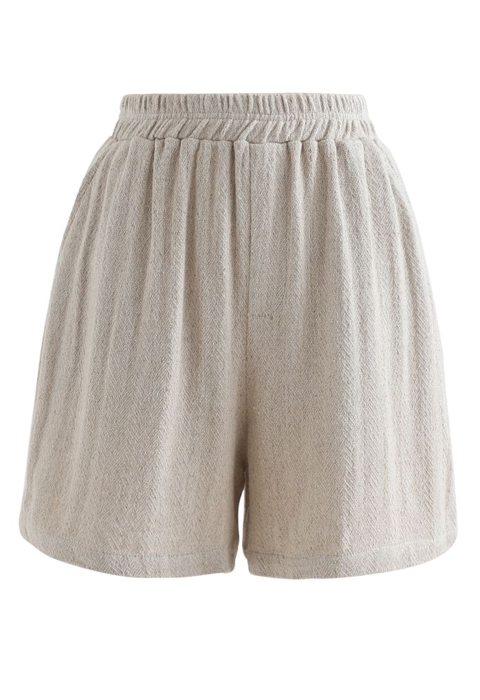 Elastic Waist Pockets Cotton Linen Shorts in Sand