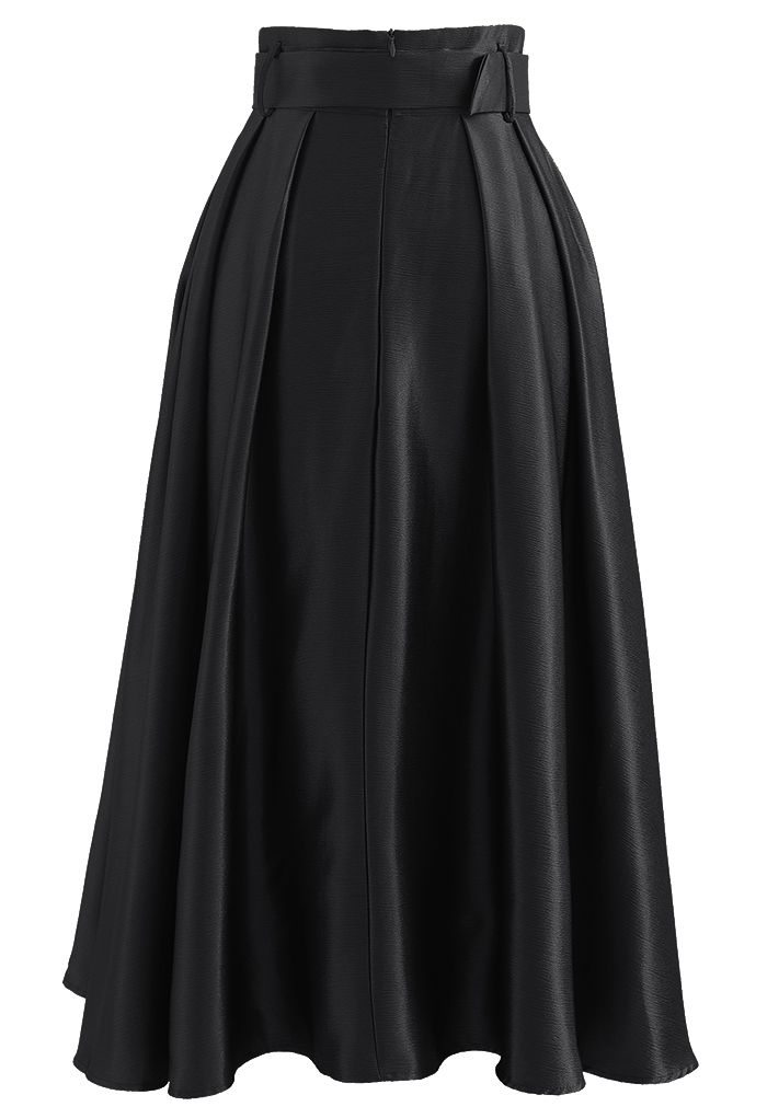 配腰帶質感喇叭半身長裙-黑色