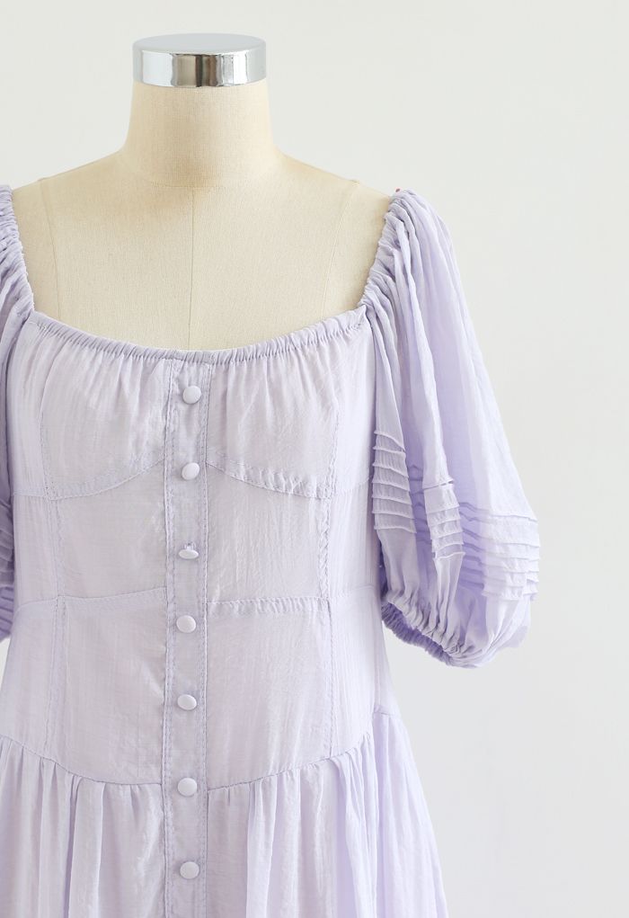 Flowy Puff Sleeves Buttoned Frilling Dress in Lilac