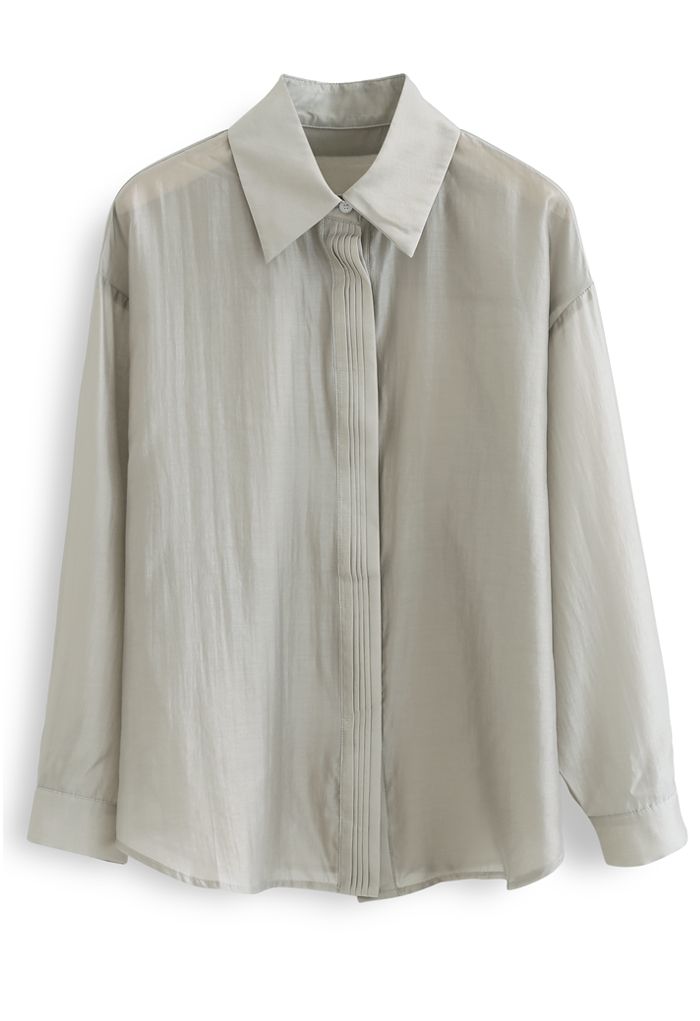 Pintuck Decorated Loose Shirt in Sage