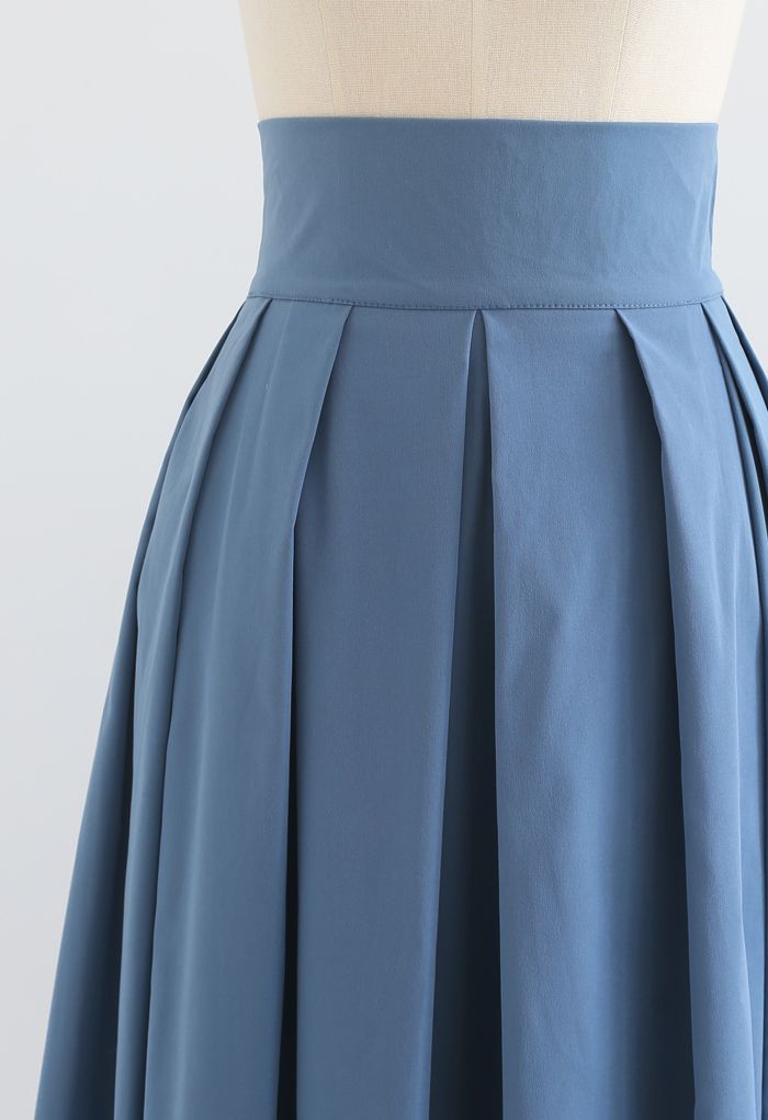 Full Pleated Cotton Midi Skirt in Blue