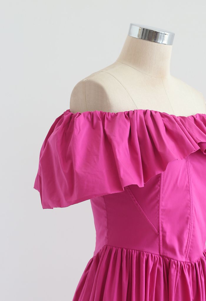 Ruffle Off-Shoulder Flap Asymmetric Dress in Magenta