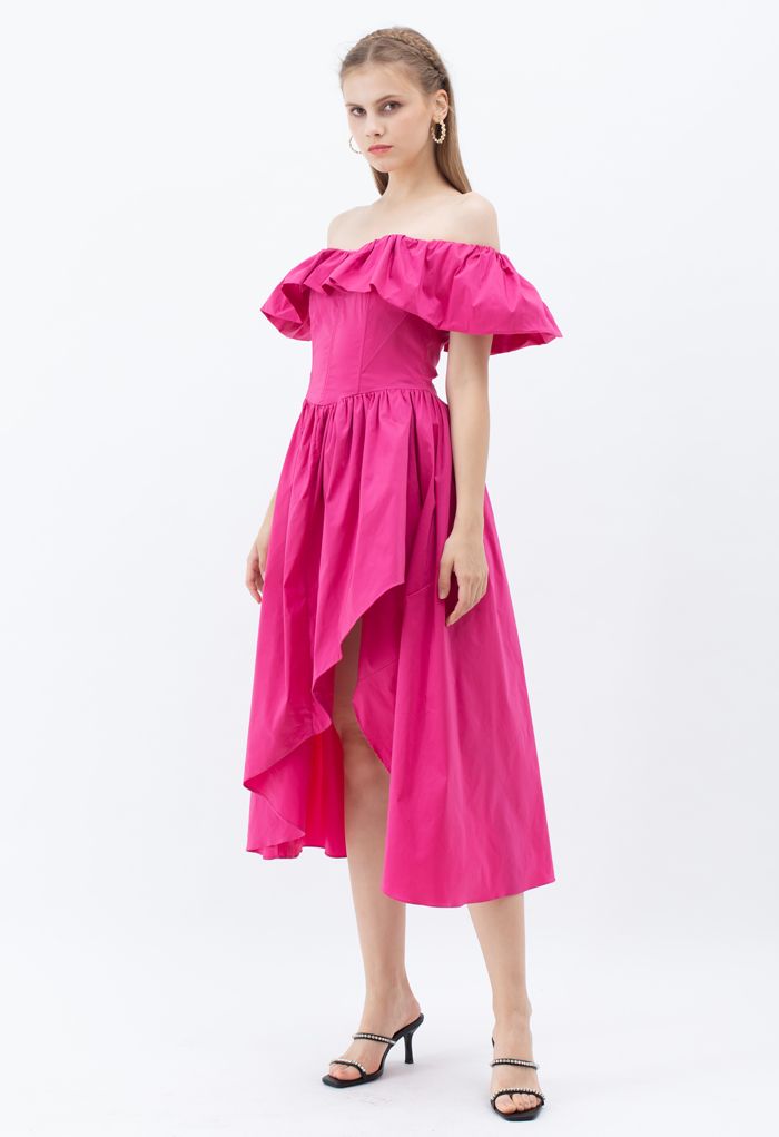 Ruffle Off-Shoulder Flap Asymmetric Dress in Magenta
