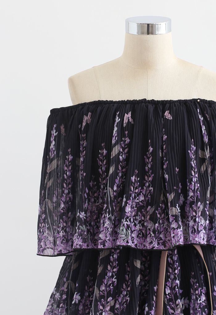Lavender Printed Pleated Off-Shoulder Tiered Dress in Black