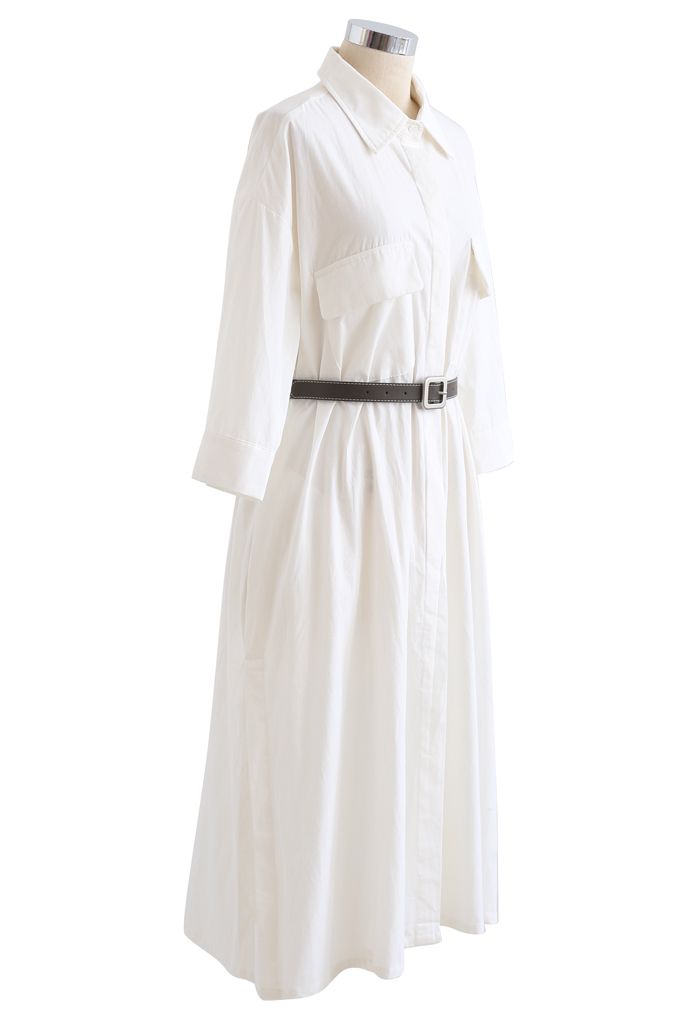 Button Down Belted Cotton Shirt Dress in White