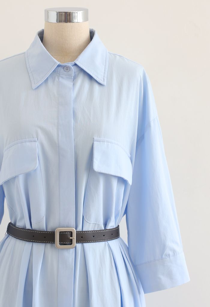 Button Down Belted Cotton Shirt Dress in Sky Blue