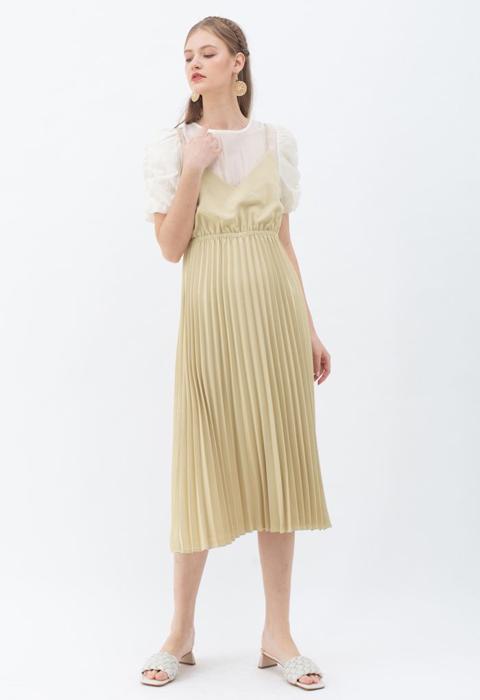 Fake Two-Piece Pleated Midi Dress in Yellow