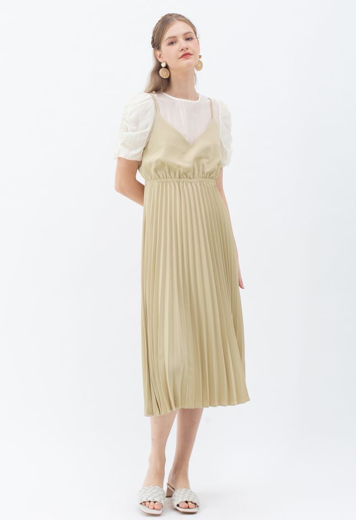 Fake Two-Piece Pleated Midi Dress in Yellow