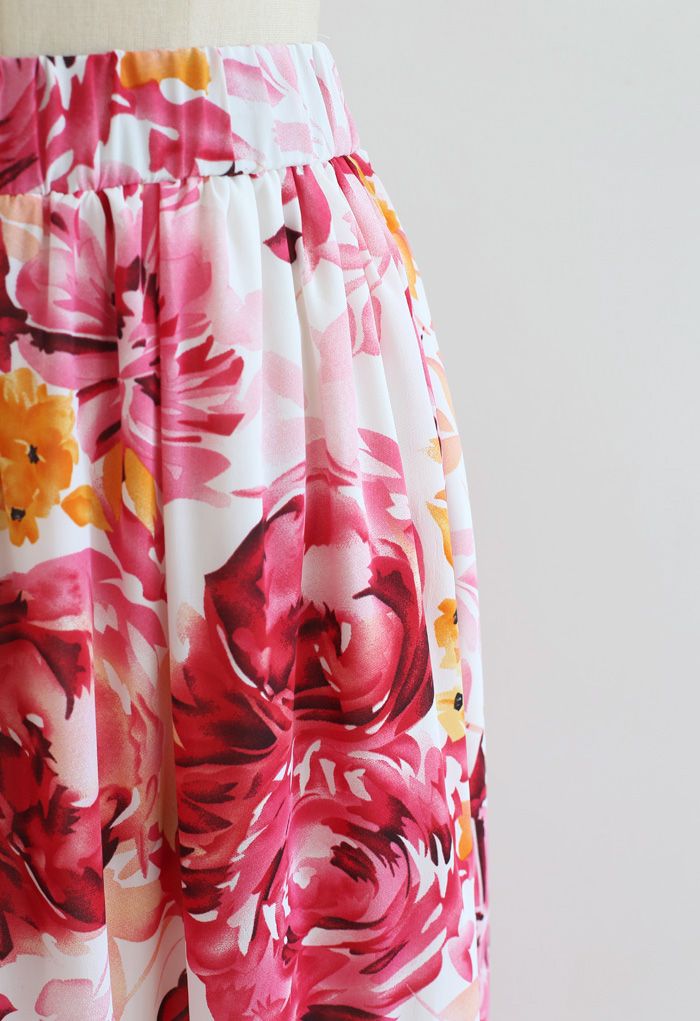Blooming Peony Watercolor Frill Hem Maxi Skirt in White