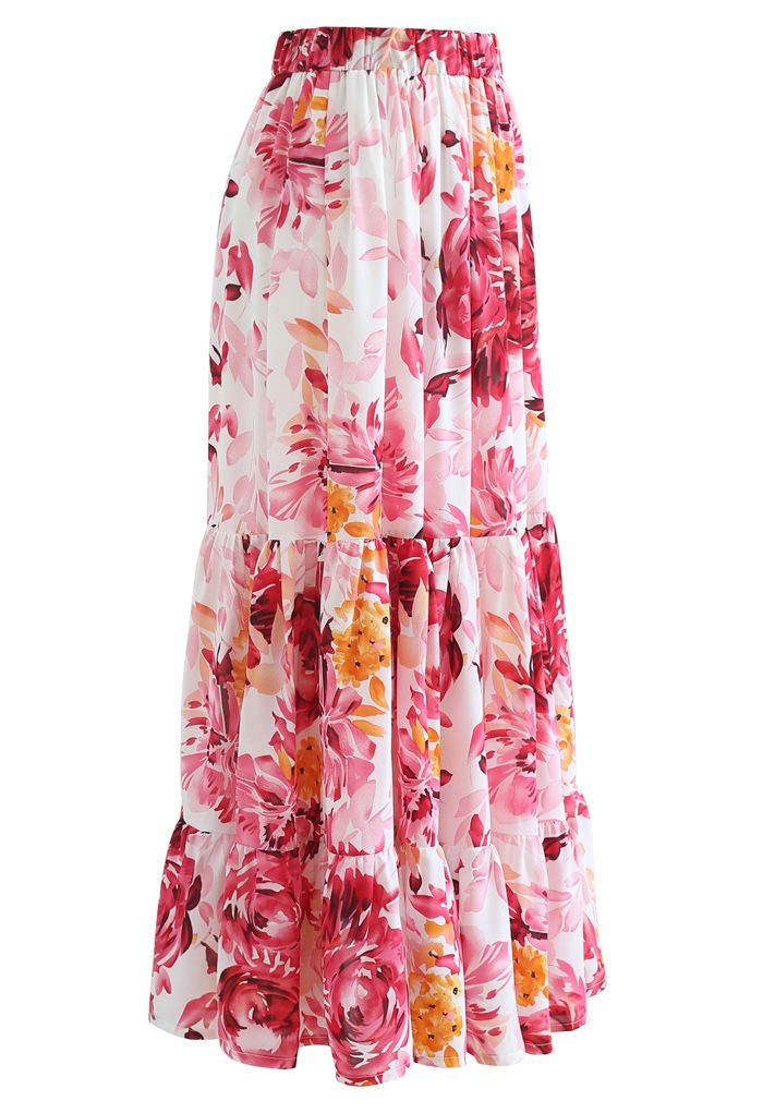 Blooming Peony Watercolor Frill Hem Maxi Skirt in White