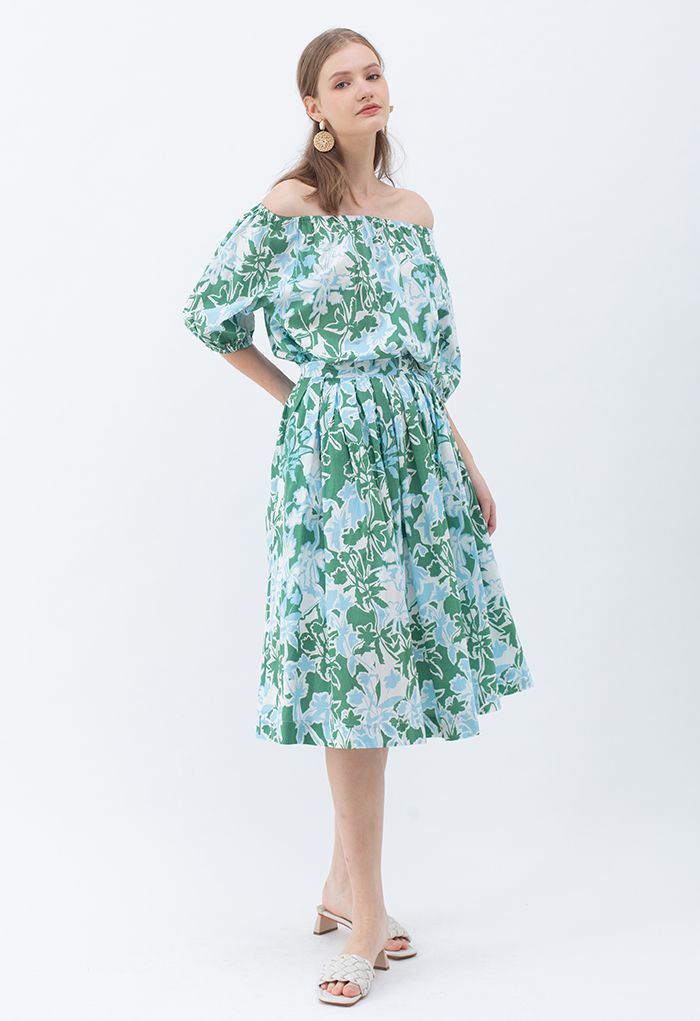 Summer Floral Print Pleated Midi Skirt in Green