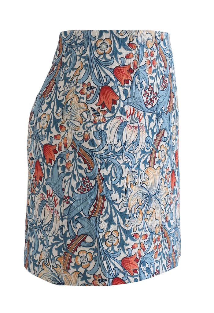Tulip Print Embossed Bud Skirt in Blue