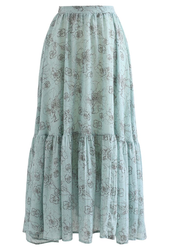 Aesthetic Floral Frill Hem Maxi Skirt in Teal