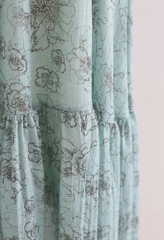 Aesthetic Floral Frill Hem Maxi Skirt in Teal