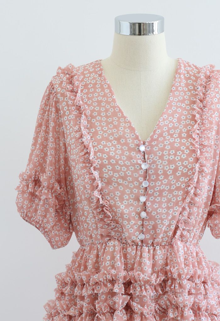 Daisy Print Ruffle Detail Chiffon Dress in Pink