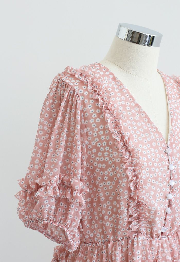 Daisy Print Ruffle Detail Chiffon Dress in Pink